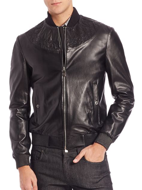 versace jacket 27k|Versace black leather jacket.